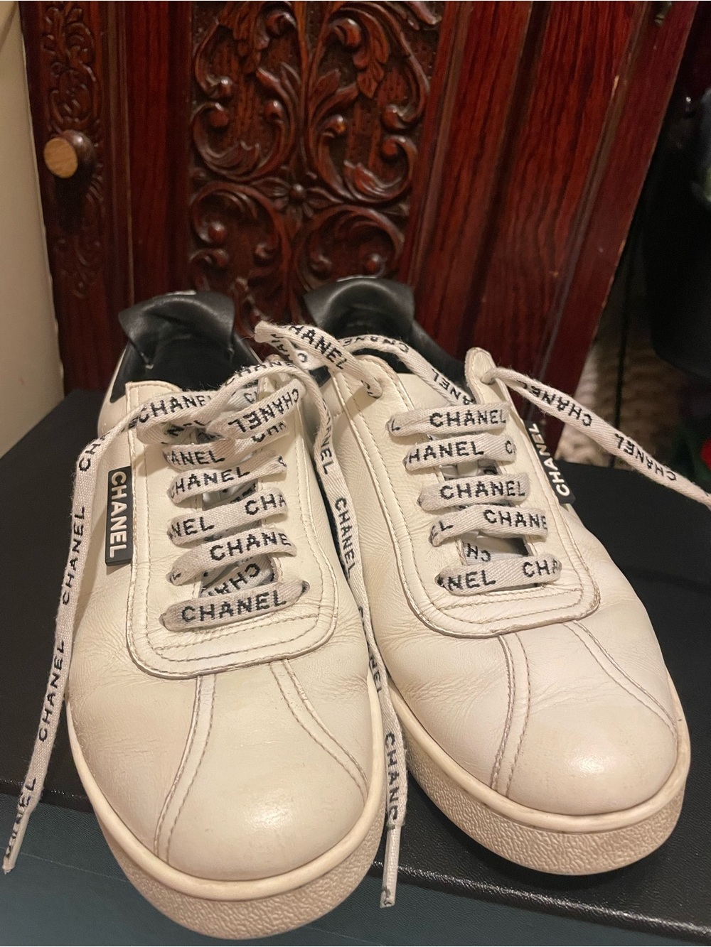 CHANEL Cream Leather Low-Top Sneakers with Logo Laces